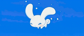 a cartoon bunny is flying through the air with its eyes closed .