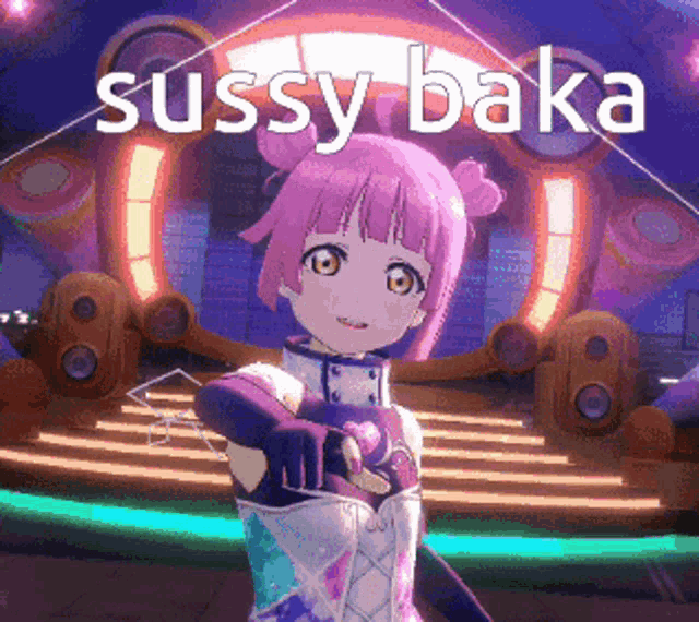 a pink haired anime girl is standing in front of a stage with the words sussy baka written on it