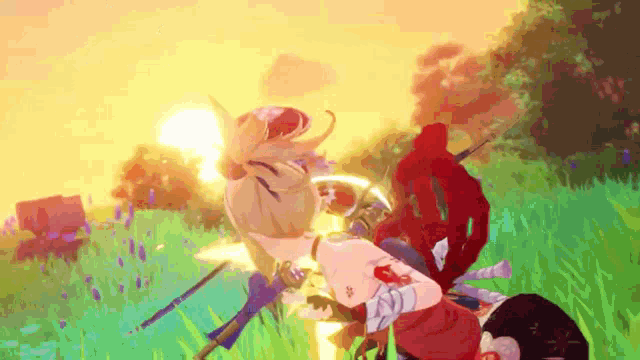 a cartoon of a girl holding a sword in a field .