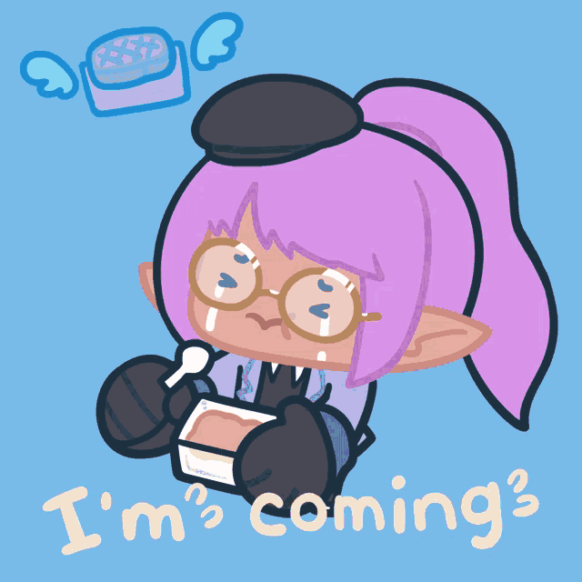 a cartoon of a girl with purple hair and the words " i 'm coming " below her
