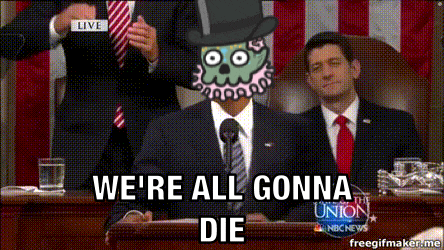 a man in a suit and tie says we 're all gonna die on a screen