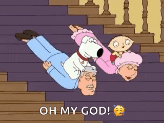 a cartoon of a man falling down a set of stairs while holding a baby and a dog .