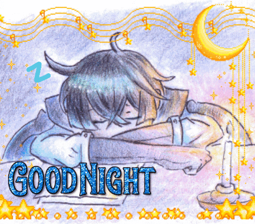 a drawing of a person sleeping with the words " good night " above them