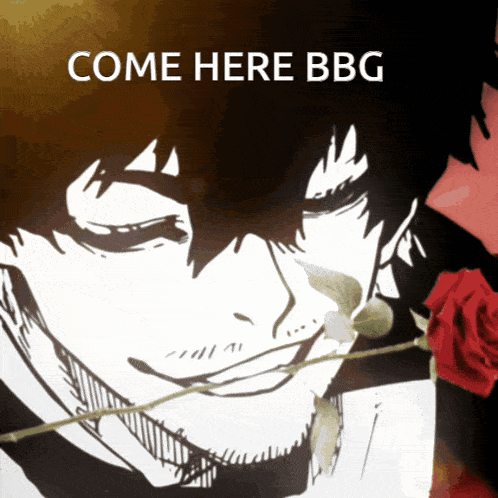 a picture of a man with a rose in his mouth and the words come here bbg
