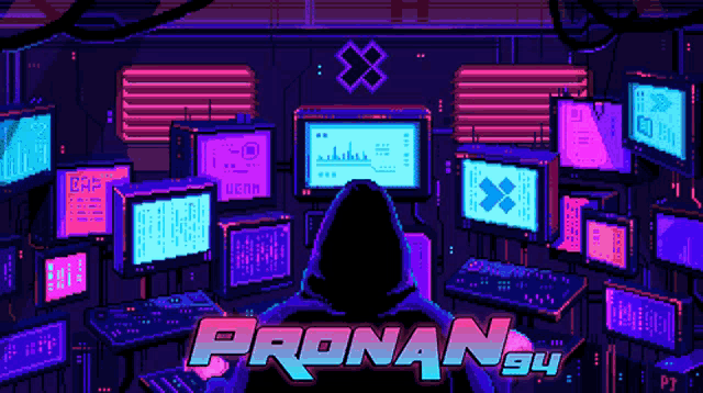 a pixel art of a man in a hoodie sitting in front of a computer screen with the words pronan94 written below him