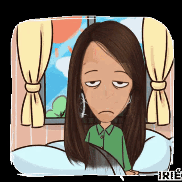 a cartoon of a woman laying in bed with the word irie written below her