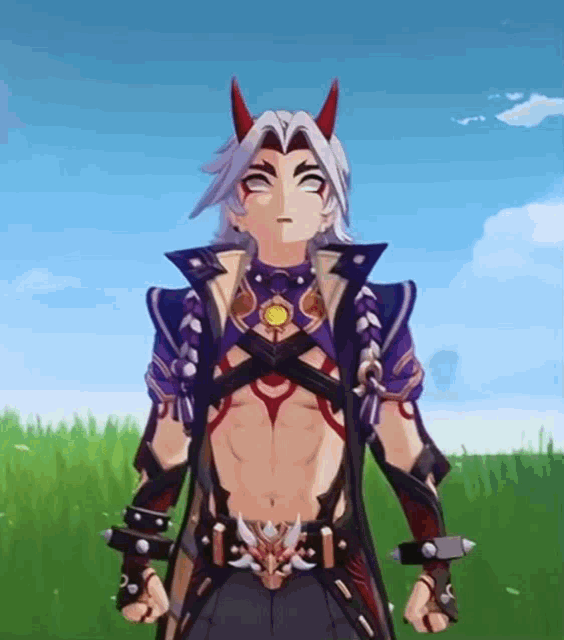 a cartoon character with horns is standing in a field with his arms crossed .