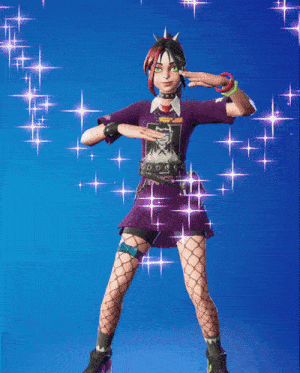 a girl in a purple dress and fishnet stockings stands in front of a blue sky