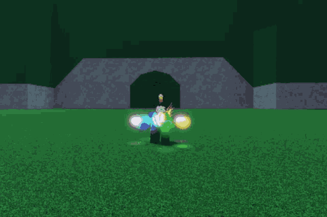 a person in a video game is standing in front of a large stone wall