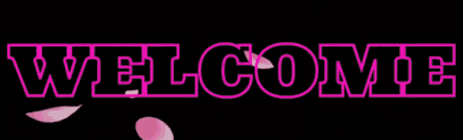 a neon sign that says welcome with pink petals flying around it