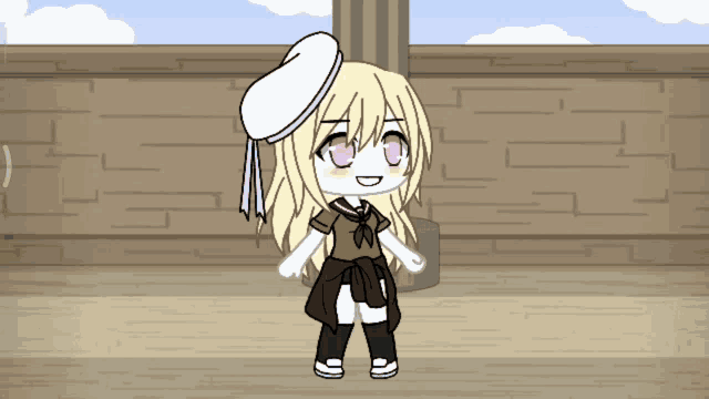 a cartoon girl wearing a white hat and knee high socks