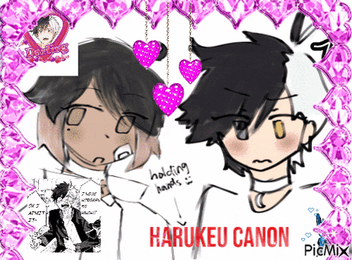 a drawing of two anime characters with the name harukeu canon on the bottom right