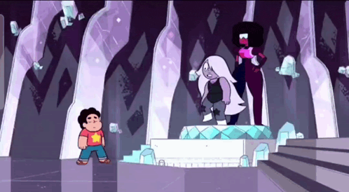 a cartoon character named steven sits on a throne with garnet and amethyst