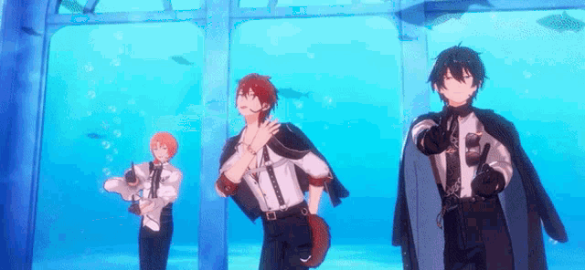 a group of anime characters are standing in front of an aquarium with fish .