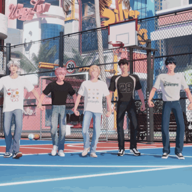 a group of young men are standing on a basketball court with one wearing a shirt that says champs on it