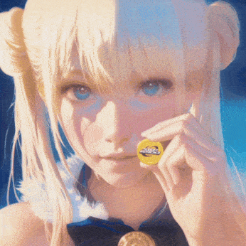 a girl with blonde hair and blue eyes is holding a yellow coin that says ' snickers ' on it