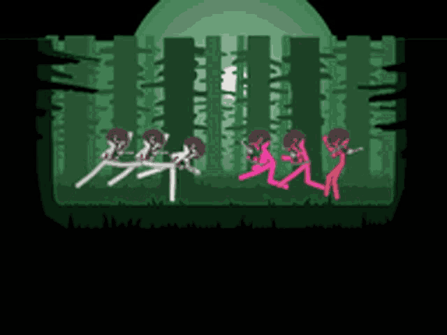 a group of stick figures are standing in a forest