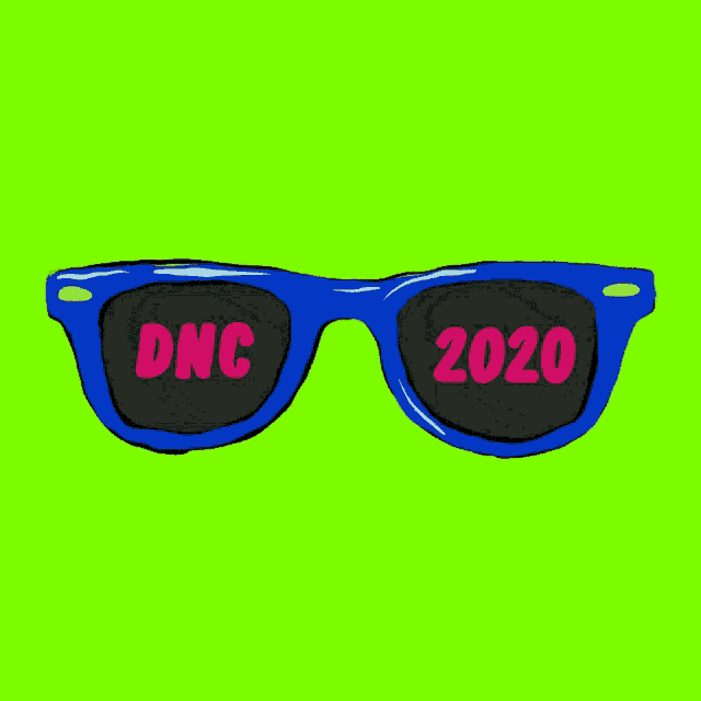 a pair of blue sunglasses with dnc 2020 written on them