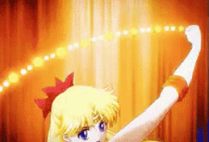 a cartoon girl is standing in front of a yellow curtain and holding a light .