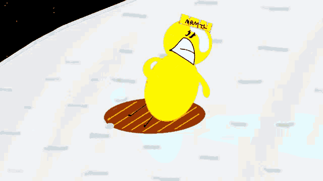 a yellow cartoon character wearing a hat that says armyl