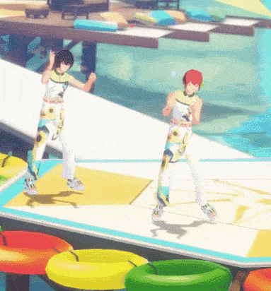 a couple of cartoon characters are dancing on a stage near a pool