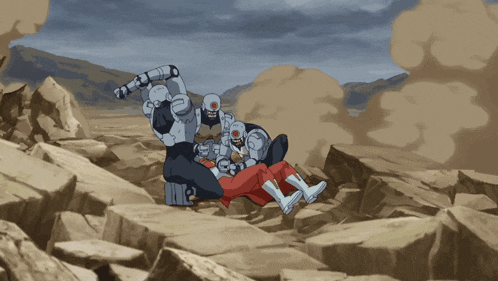 a cartoon drawing of a robot holding a person in a field