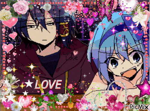a pixel art of a boy and a girl with the word love written on it