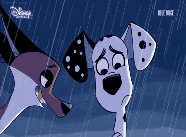 two dalmatian dogs standing next to each other in the rain with disney channel written on the bottom right