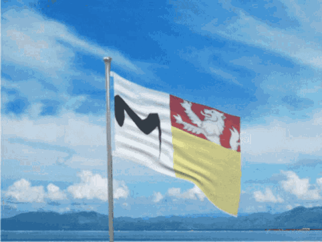 a flag with the letter m on it flies in the wind