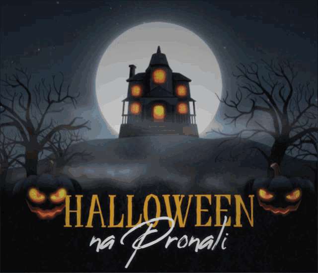 a poster for halloween na pronali with a haunted house and pumpkins