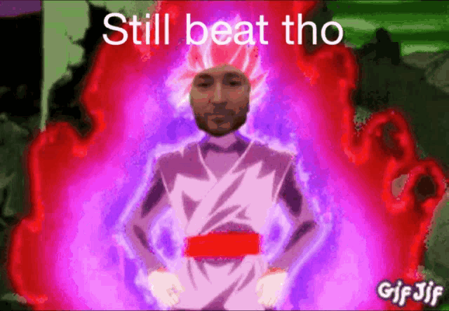 a cartoon of a man in a purple suit with the words still beat tho