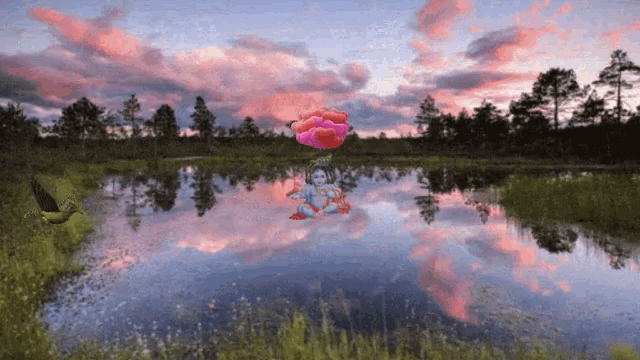 a butterfly is flying over a lake with a balloon in the water