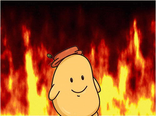 a cartoon character wearing a red hat is smiling in front of a fire background