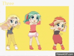 three anime girls are standing next to each other on a yellow background