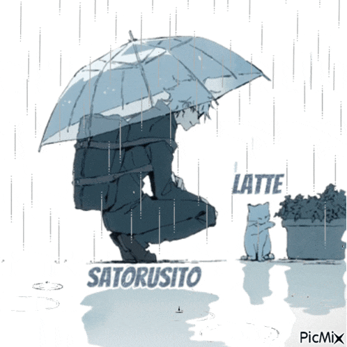 a drawing of a man holding an umbrella in the rain with the words latte satorusito below him