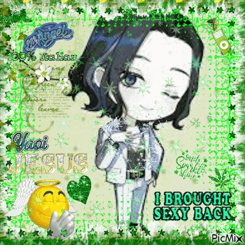 a picture of yaoi jesus with the words i brought sexy back at the bottom