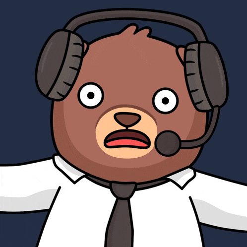 a cartoon bear wearing headphones and a tie with a surprised look on his face