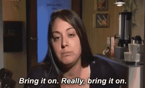 a woman says " bring it on really bring it on " in front of a coffee pot