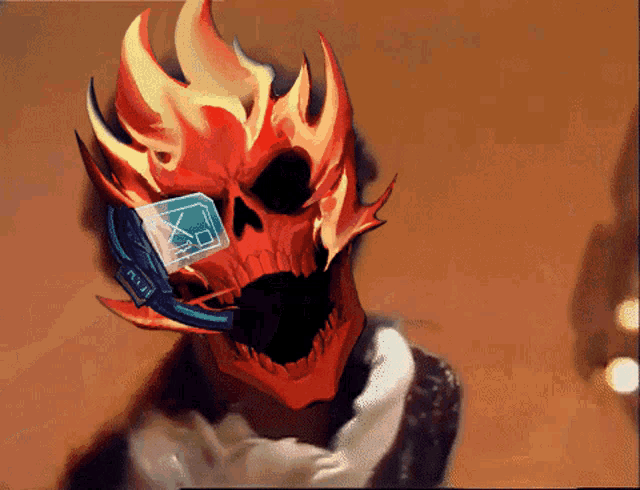 a painting of a skull with flames and a headset that says ' x ' on it
