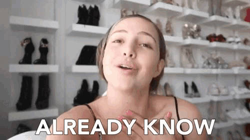 a woman says already know in front of a shoe shelf