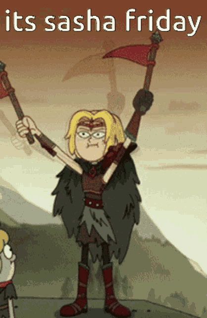 a cartoon of sasha holding a flag with the words its sasha friday