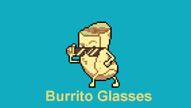 a pixel art of a burrito wearing sunglasses with the words burrito glasses underneath it