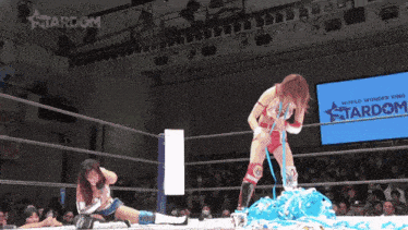 a woman in a wrestling ring with a stardom sign in the background