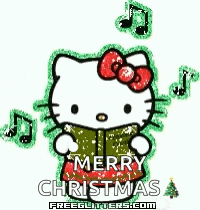 hello kitty is wearing a green scarf and holding a gift box and says merry christmas .