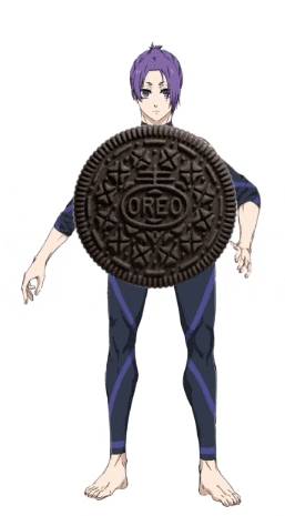 a man with purple hair is holding a oreo cookie