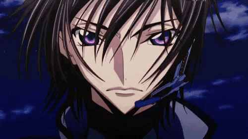 a close up of a person 's face with purple eyes and black hair