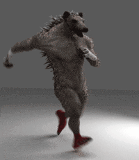 a 3d rendering of a hyena running with red shoes on
