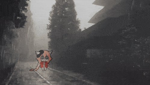 a black and white drawing of a cat walking down a street in the rain