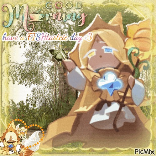 a picture of a girl with a flower and the words good morning have a fishtastic day
