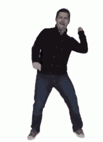 a man in a black jacket and jeans is dancing on a white background .